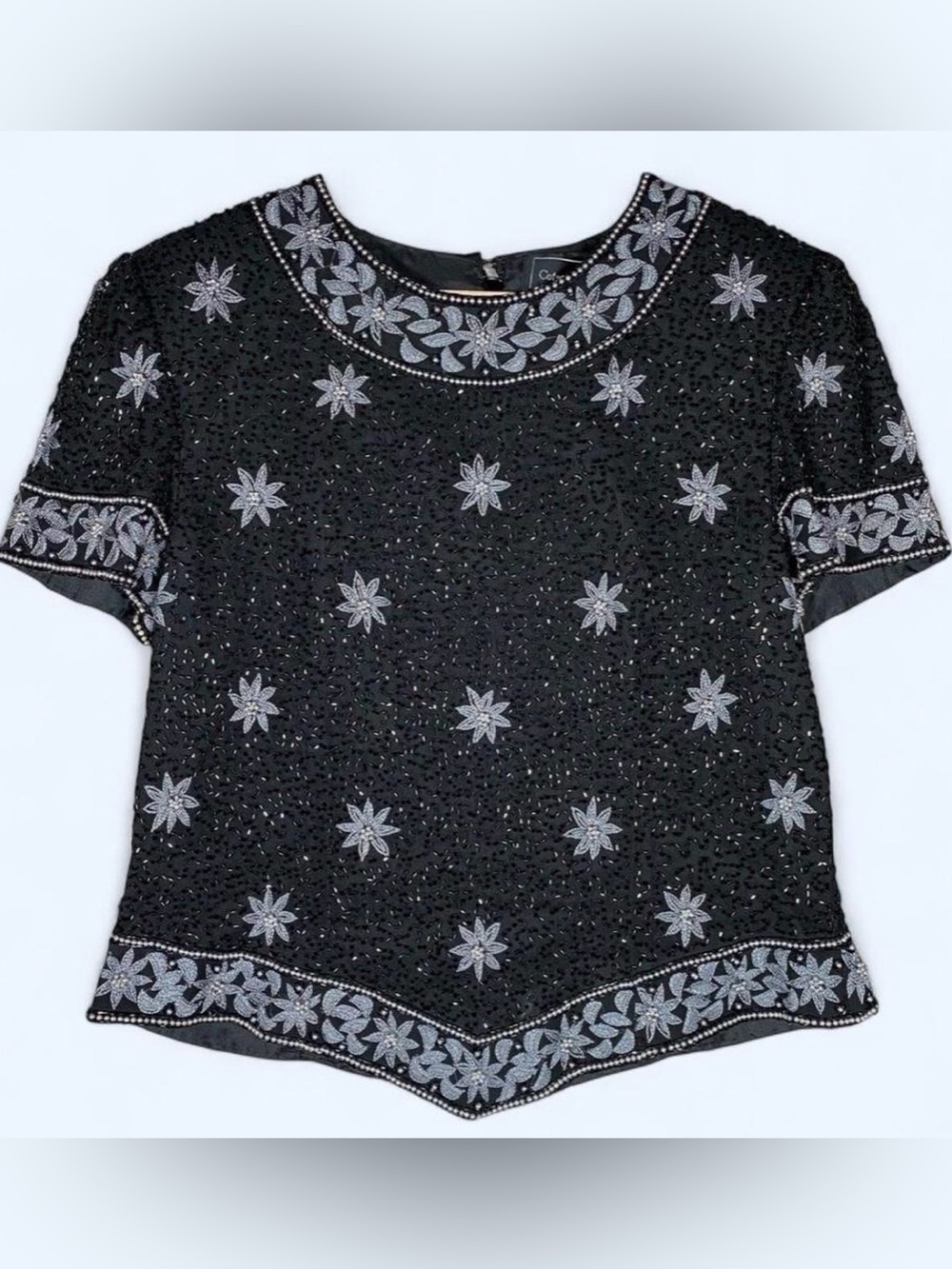 Vintage 80s Cote d’Azur Black Silk Beaded Floral Top